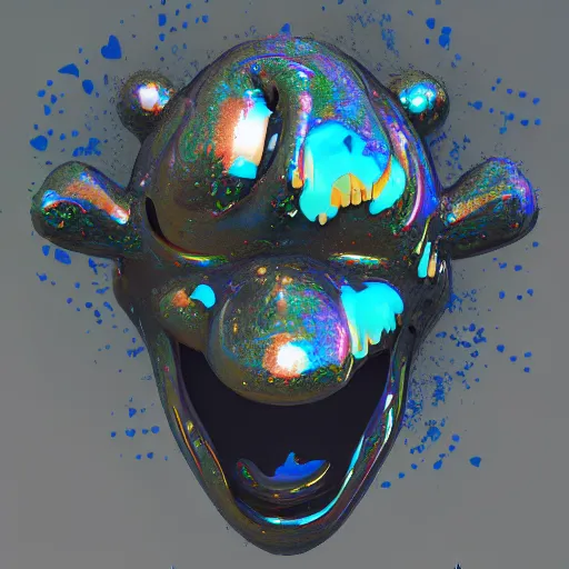 Image similar to counterfeit mickey mouse head, fractal, broken, psychedelic dystopia, fractured, melting, wet, mycelium, radiant alien, rococo, baroque, automotive, bio-mechanical, porcelain, iridescent, sub surface scattering, unreal engine 5