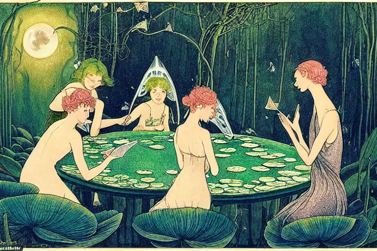 Prompt: a group of gracious winged fairies playing cards on a table in an atmospheric moonlit forest next to a beautiful pond filled with water lilies, artwork by ida rentoul outhwaite, realistic female faces