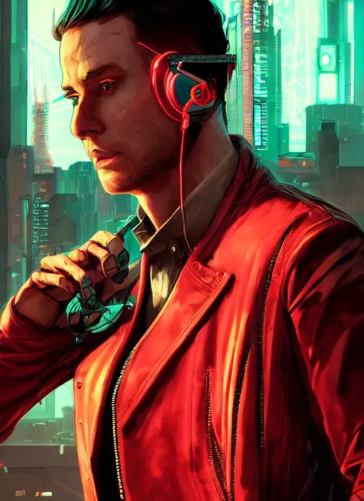 Image similar to scheming Anders. handsome cyberpunk nightclub owner wearing a cyberpunk headset and red jacket. handsome face. Realistic Proportions. Concept art by James Gurney and Laurie Greasley. Moody Industrial skyline. ArtstationHQ. Creative character design for cyberpunk 2077.