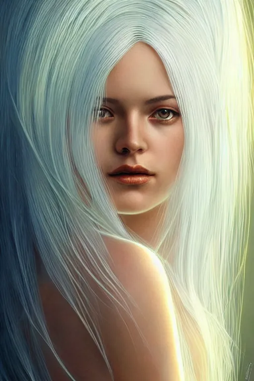 Prompt: portrait female holding crystal white hair glowing, blush, pleated skirt, flowing hair, slim face, elegant, terry moore, barclay shaw, karol bak, greg rutkowski