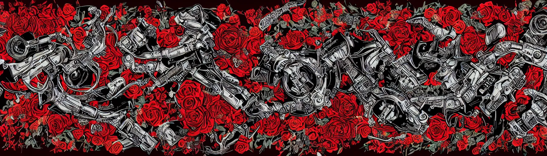 Image similar to an epic guns and roses mural on a crimson and black background, intricate illustration, highly ornate, exquisite detail, rtx, 4k