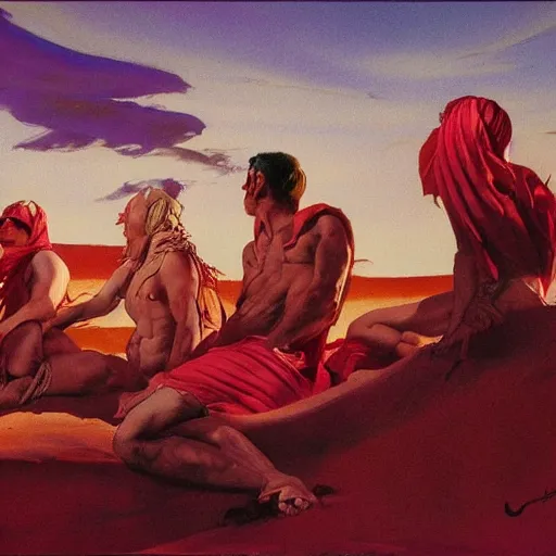 Image similar to Silk sheet desert ecstasy Bedouin under crimson azure diamond sky, in the style of Frank Frazetta, Jeff Easley, Caravaggio, extremely clear faces coherent, clear lines, 8K revolution