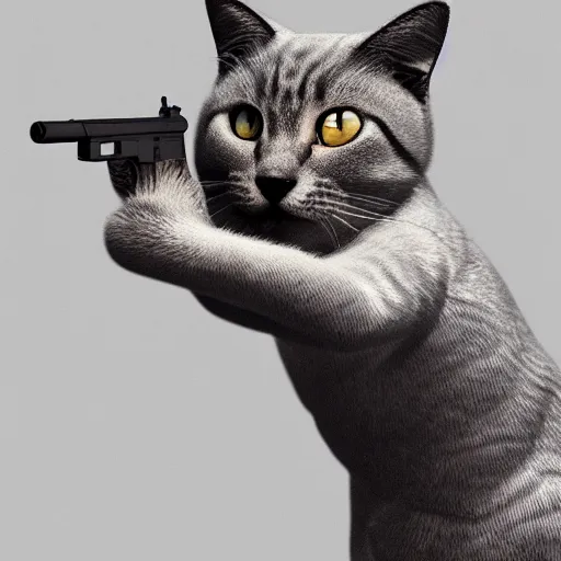 Image similar to simplistic 3 d render of a cat holding a gun, studio lighting, 4 k