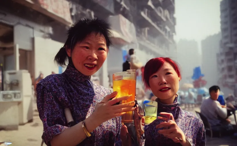 Prompt: cinestill 5 0 d candid photographic portrait by helen levitt of two android women sharing a drink in futuristic china, extreme closeup, modern cyberpunk, dust storm, 8 k, hd, high resolution, 3 5 mm, f / 3 2, ultra realistic faces, intricate detail, ex machina