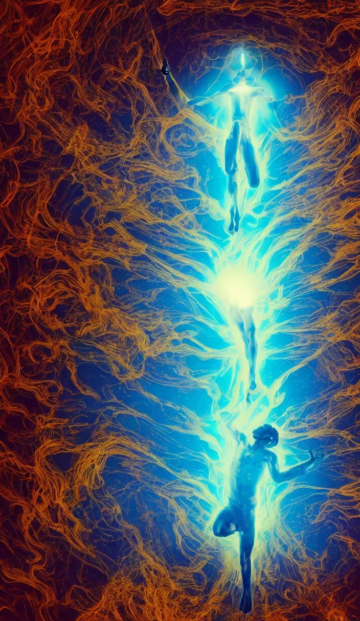 Image similar to a holy blue astral projection ghost adsonii floating in mid air with a golden psychedelic aura, strong dramatic cinematic lighting, smooth, sharp focus, extremely detailed