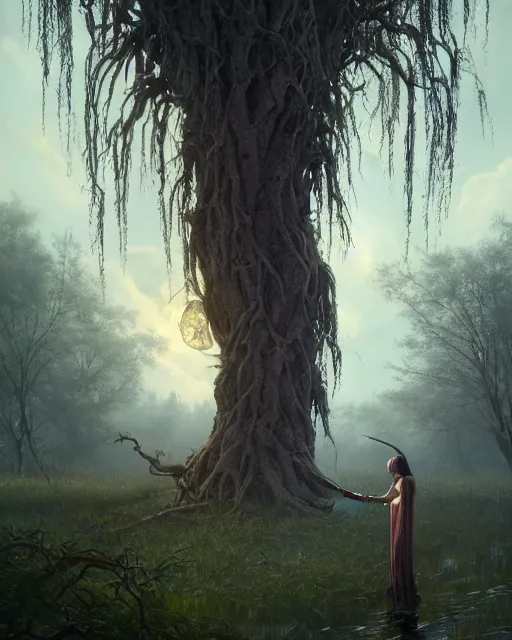 Image similar to highly detailed surreal vfx portrait of a cursed dagger in a shadowy swamp by a willow tree, stephen bliss, unreal engine, greg rutkowski, loish, rhads, beeple, makoto shinkai and lois van baarle, ilya kuvshinov, rossdraws, tom bagshaw, alphonse mucha, global illumination, detailed and intricate environment