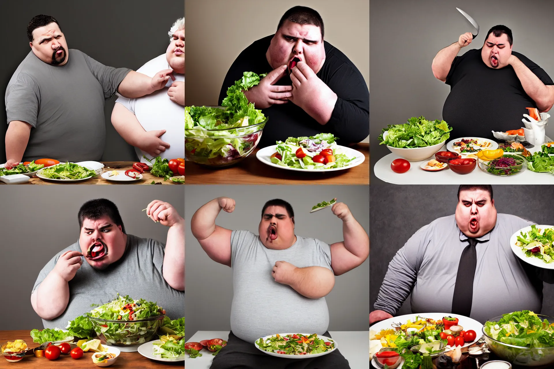 Prompt: photograph 6 0 0 - pound overweight obese man angry at salad, flipping table