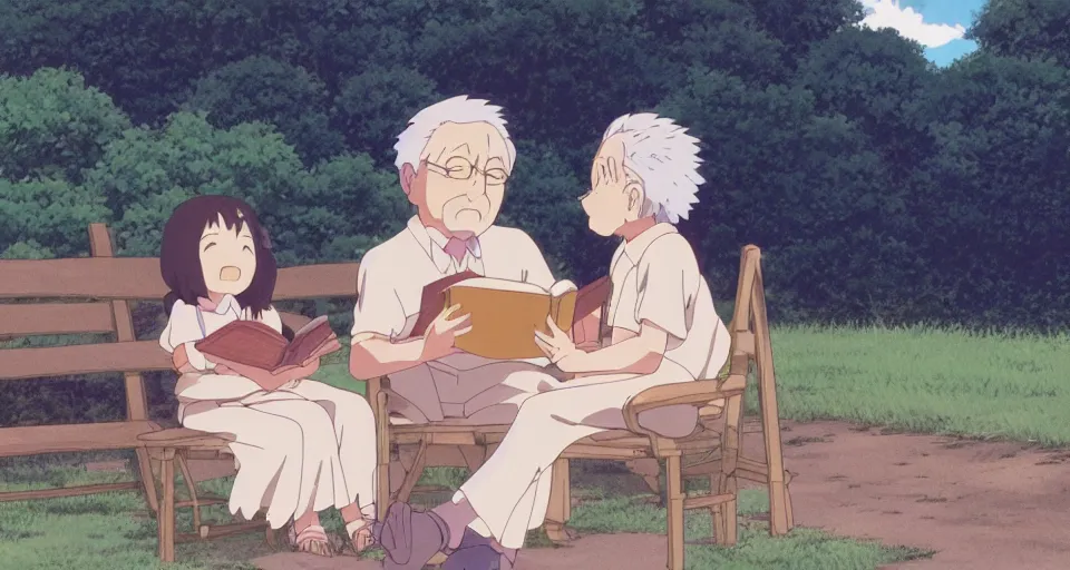 Image similar to screenshot from the anime film by studio ghibli, grandpa reading a book to a young child, serene, summer, from the anime film by makoto shinkai