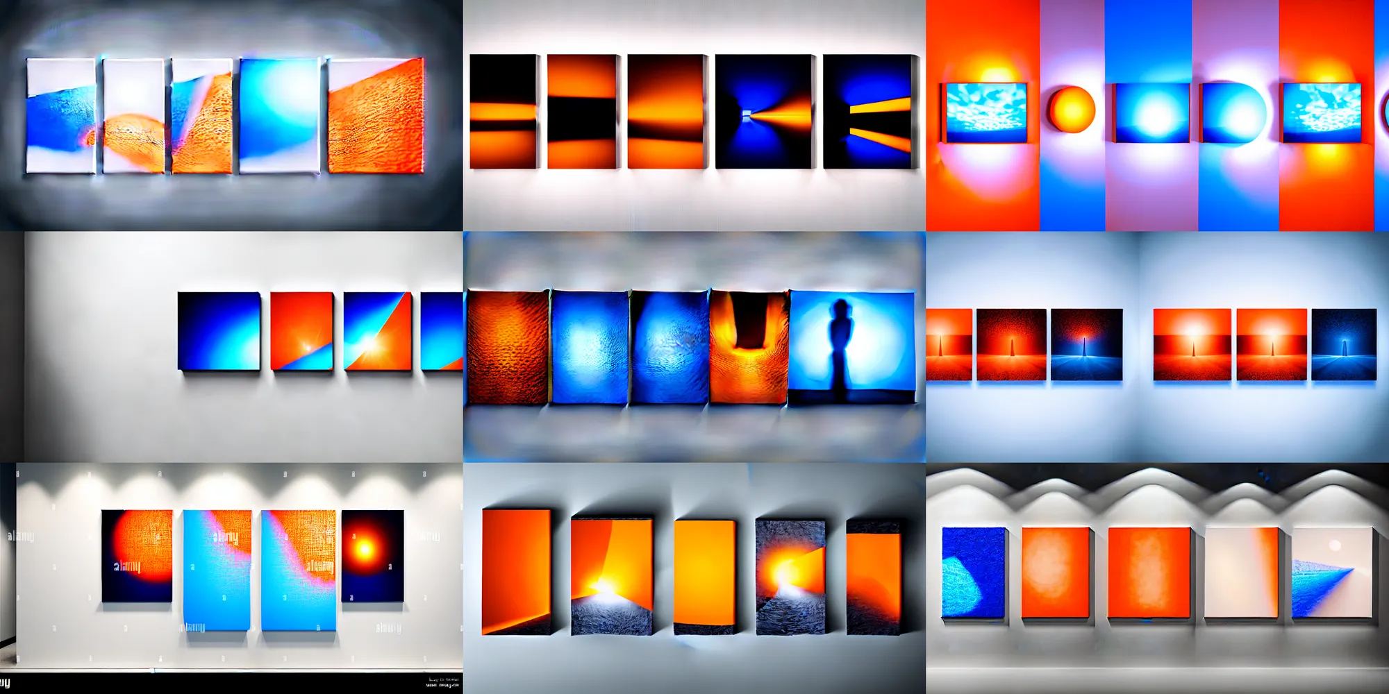 Prompt: lidar 3 d scan triptych canvas hyperrealistic rendering on very beautiful white wall with beautiful contrast of light and shadow, orange to blue gradient luminescence, professional foto, front elevation, optical illusion, close - up, in focus, reflection, cinematic frame