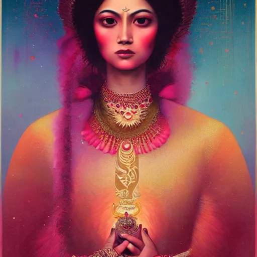 Image similar to portrait of a majestic asian indian queen of beauty, pink and gold, by Anato Finnstark, Tom Bagshaw, Brom