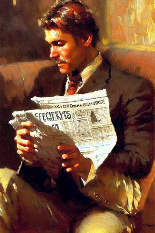 Image similar to attractive man drinking coffee and reading newspaper, painting by gaston bussiere, craig mullins