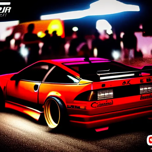 Image similar to a car 300ZX twin turbo drift at illegal car meet, Shibuya prefecture, city midnight mist lights, cinematic lighting, photorealistic, highly detailed wheels, high detail