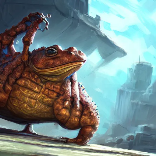 Prompt: a mechanical toad digital painting, mixed media, trending on artstation and deviantart, epic composition, highly detailed, 8 k