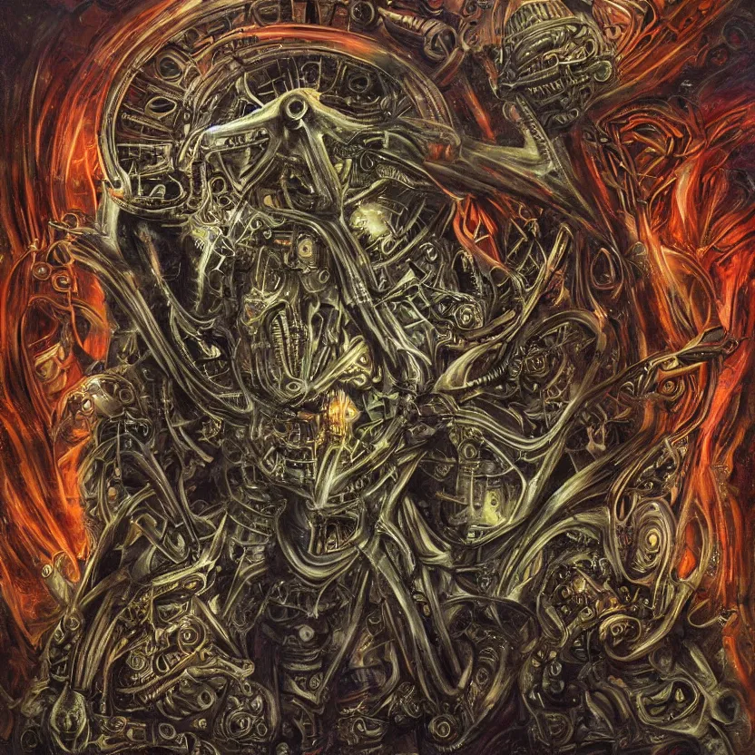 Image similar to biomechanical kali yantra, volumetric shadows and lighting, psychedelic colors, realistic oil painting by h. r. giger,