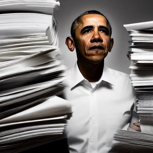 Image similar to obama nervously standing by a mountain of papers, videogame still, portrait, 4 0 mm lens, shallow depth of field, close up, split lighting, cinematic