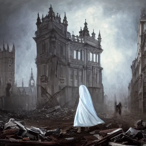Prompt: ominous bedsheet ghost walking through the center of a destroyed london city, oil painting, gloomy misty atmosphere, symmetrical, full body image, highly ornate intricate details, very sharp photo,