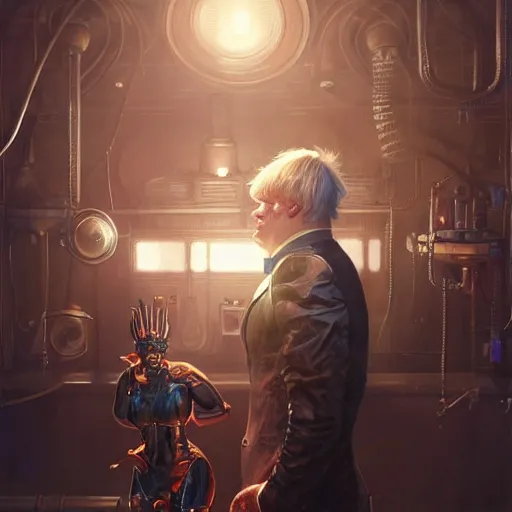 Image similar to cyborg steampunk boris johnson in a nightclub, anatomy, bathed in light, highly detailed, photorealistic, artstation, smooth, sharp focus, illustration, unreal engine 5, 8 k, art by artgerm and greg rutkowski and edgar maxence