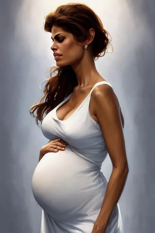 Image similar to pregnant eva mendes in a white dress, realistic portrait, symmetrical, highly detailed, digital painting, artstation, concept art, smooth, sharp focus, illustration, cinematic lighting, art by artgerm and greg rutkowski and alphonse mucha