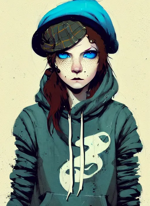 Image similar to highly detailed portrait of a sewer punk lady student, blue eyes, tartan hoody, hat, white hair by atey ghailan, by greg rutkowski, by greg tocchini, by james gilleard, by joe fenton, by kaethe butcher, gradient yellow, black, brown and cyan color scheme, grunge aesthetic!!! ( ( graffiti tag wall background ) )