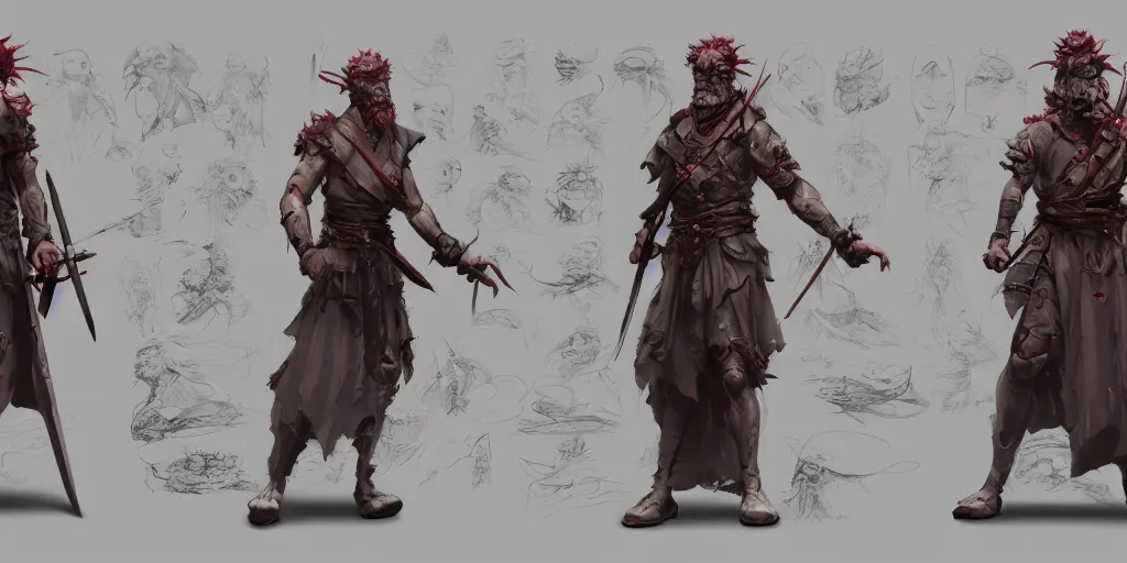 Image similar to bushido character design, character sheet, Moebius, Greg Rutkowski, Zabrocki, Karlkka, Jayison Devadas, Phuoc Quan, trending on Artstation, 8K, ultra wide angle, zenith view, pincushion lens effect