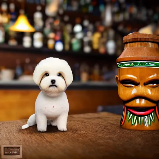 Image similar to a photorealistic photograph of a Trader Vic's Tiki Mug featuring a Bichon Frisé puppy at bar Trending on Artstation, featured on Behance, well-rendered, Unreal Engine, 4K HD