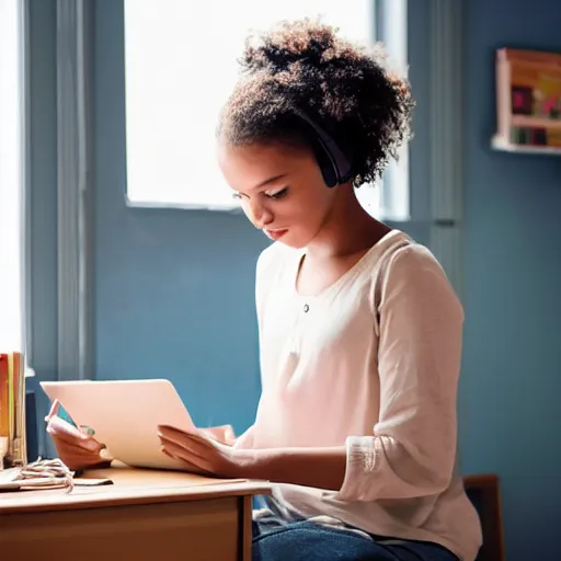 Image similar to Girl studying in her room while listening to music.