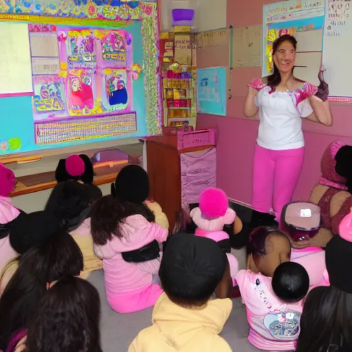 Prompt: a pink teddy bear witch teaching a classroom of younger teddy bear witches