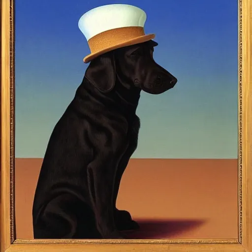 Image similar to a rene magritte painting of a dog wearing a hat, award winning painting, detailed, surreal, symmetrical, clean, smooth, aesthetic