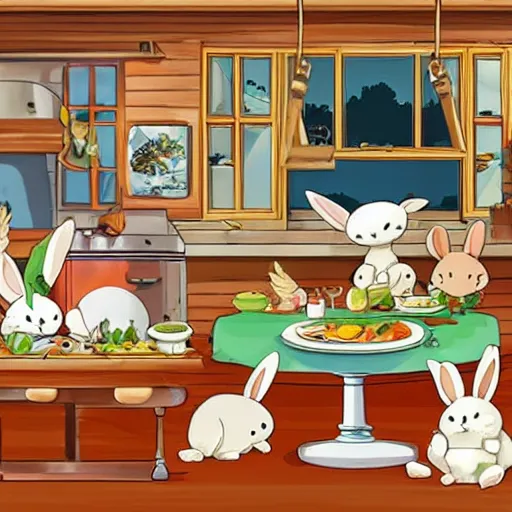 Image similar to rabbits cooking food inside a cozy french kitchen, in the style of studio ghibli