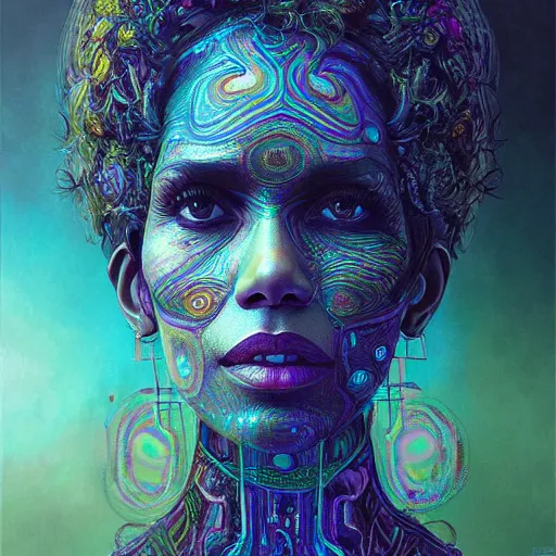 Image similar to portrait of halle berry, hyper detailed masterpiece, neon floral pattern, jean giraud, digital art painting, darkwave goth aesthetic, psychedelic, artgerm, donato giancola and tom bagshaw