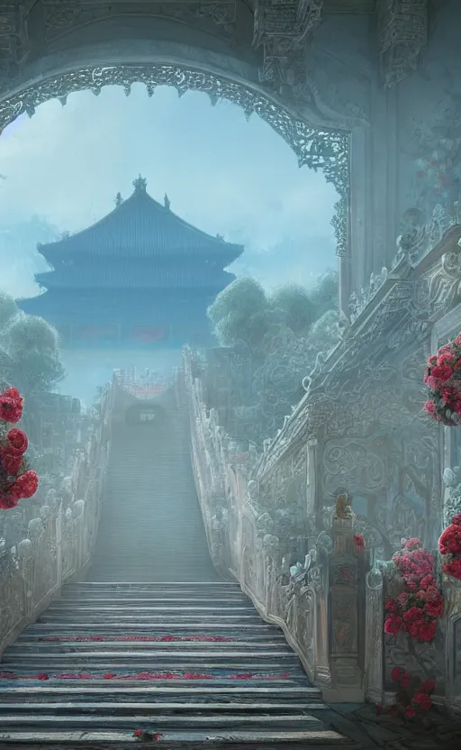 Image similar to vanishing point, palace covered with aqua blue roses like the forbidden city in distance at the red rose royal manor, viewed from afar, stephen bliss, misty, unreal engine, fantasy art by greg rutkowski, loish, ferdinand knab, and lois van rossdraws,, global illumination, radiant light, minimalist, detailed and intricate environment