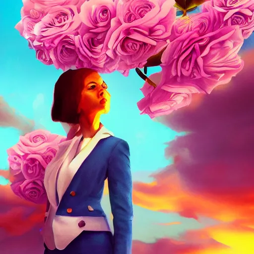 Image similar to closeup, giant rose flower under head, frontal, girl in a suit, surreal photography, sunrise, blue sky, dramatic light, impressionist painting, digital painting, artstation, simon stalenhag