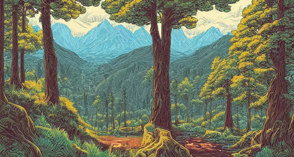 Prompt: a beautiful landscape with trees and mountains, by dan mumford