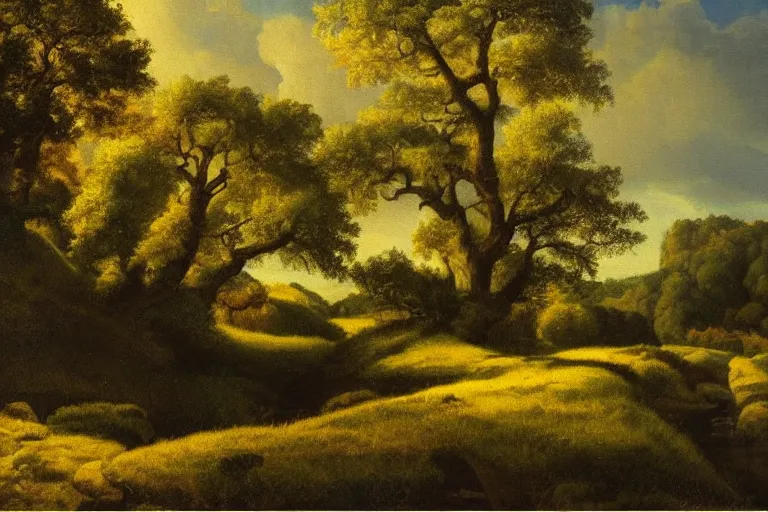 Image similar to masterpiece painting of oak trees on a hillside overlooking a creek, dramatic lighting, by edwin holgate