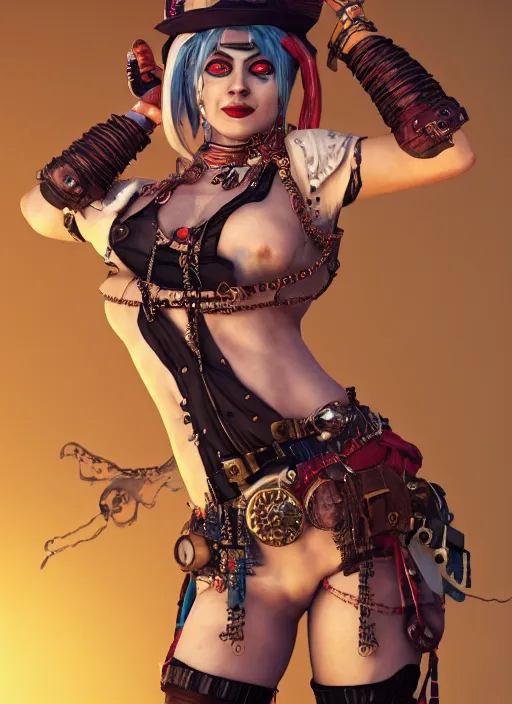 Prompt: steampunk portrait of harley quinn as a belly dancer, au naturel, hyper detailed, digital art, trending in artstation, cinematic lighting, studio quality, smooth render, unreal engine 5 rendered, octane rendered, art style by klimt and nixeu and ian sprigger and wlop and krenz cushart.