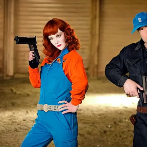 Image similar to vince vaughn as jack fenton, he is wearing an orange coveralls bodysuit with a black neck and a big gun belt, and christina hendricks as maddie fenton, she is wearing a tight teal coveralls bodysuit with a black neck and a big gun belt, movie photo, spooky netflix still shot, they are looking for ghosts