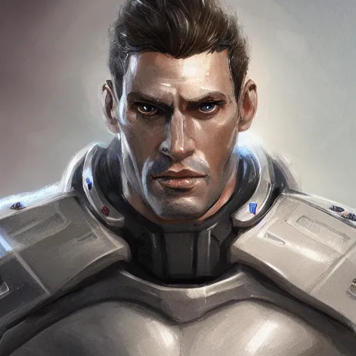 Image similar to a portrait of a tall muscular man with short grey hair and a tactical suit on, D&D, sci-fi, elegant, hopeful, muscular, highly detailed, digital painting, artstation, concept art, smooth, sharp focus, illustration