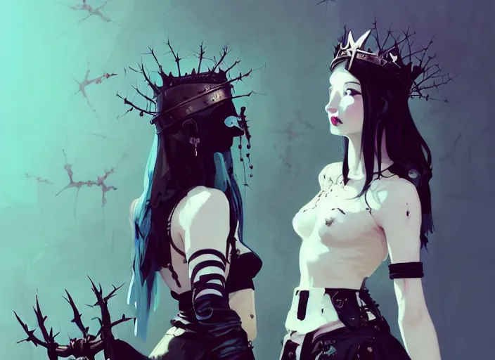 Image similar to two cute goth maiden girls with crown of thorns and white short hairs, dressed in leather belts, warhammer, cyberpunk, by atey ghailan, by greg rutkowski, by greg tocchini, by james gilleard, by joe gb fenton, by kaethe butcher, dynamic lighting, gradient light blue, brown, blonde cream and white color in scheme, grunge aesthetic