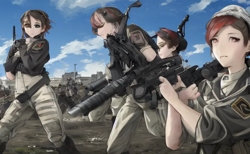 Prompt: panoramic view, girl, soldier clothing, battlefield in background, anime style, short hair, hair down, symmetrical facial features, combat googles, from girls frontline, hyper realistic, 4 k, extreme detail, detailed drawing, trending artstation, safebooru, realistic lighting, by alphonse mucha, greg rutkowski, sharp focus