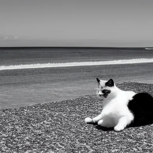 Image similar to black and white photograph of a beach with a cat resting under a bright summer sun
