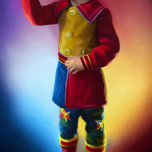 Prompt: colorful and festive captivating young child boy, brown fluffy hair, wearing red and yellow hero suit. full body, rich vivid colors, ambient lighting, dynamic lighting, 4 k, atmospheric lighting, painted, intricate, highly detailed by charlie bowater