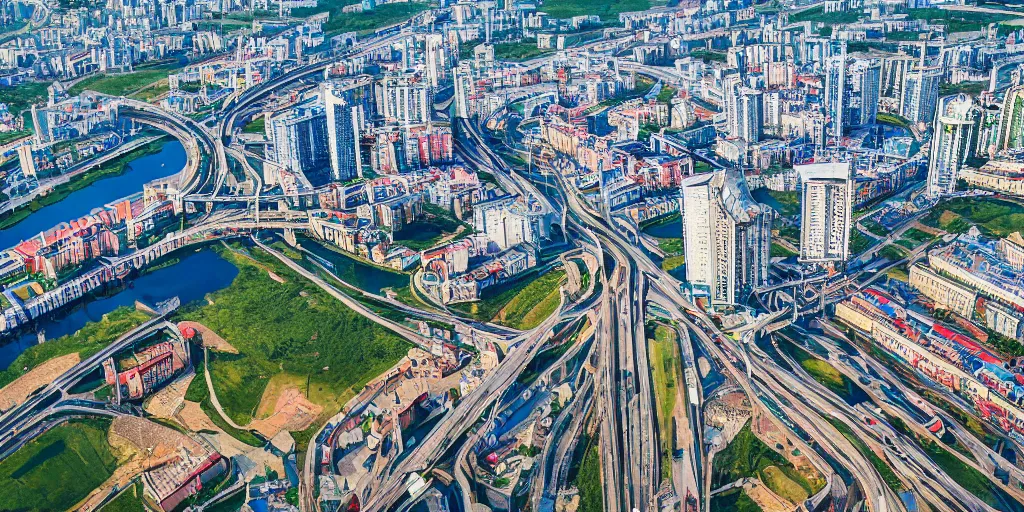 Image similar to bird's eye view photograph of a highrise Russian city, apartments, train station, pond, wide roads, no watermarks, extremely detailed photography