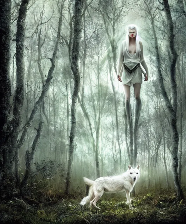 Image similar to a realistic white wolf, walking through a psychedelic forest, wide angle landscape shot, by national geographic and tom bagshaw