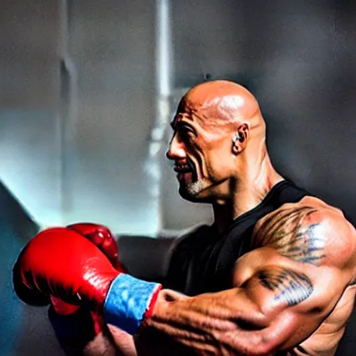 Prompt: Dwayne Johnson punching with a robotic arm