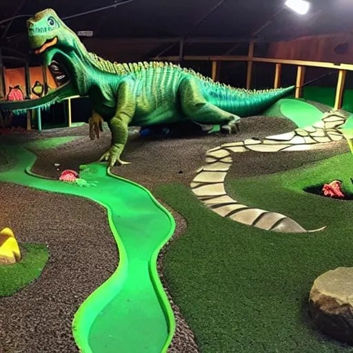 Prompt: dinosaur themed mini golf park, epic mini golf