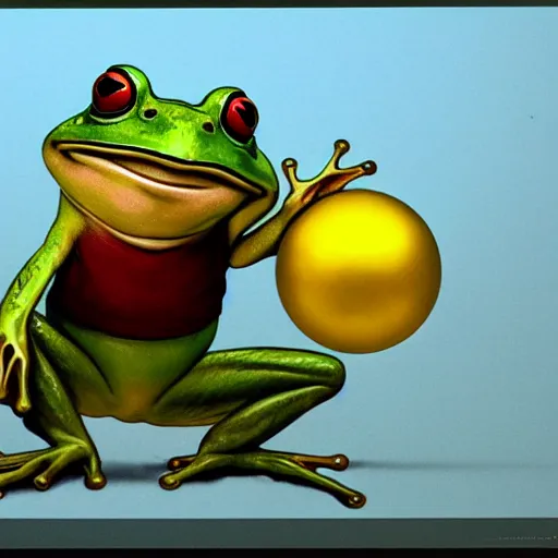 Prompt: ground level wide angle shot of a cute frog bowling with a golden metal ball on a glass surface, concept art, by esao andrews, by m. w. kaluta, by pixar, volumetric light, rich colors, very humorous!!!, realistic reflections, smooth, depth perception, shallow depth of field, 4 k, unreal engine 5, artstation