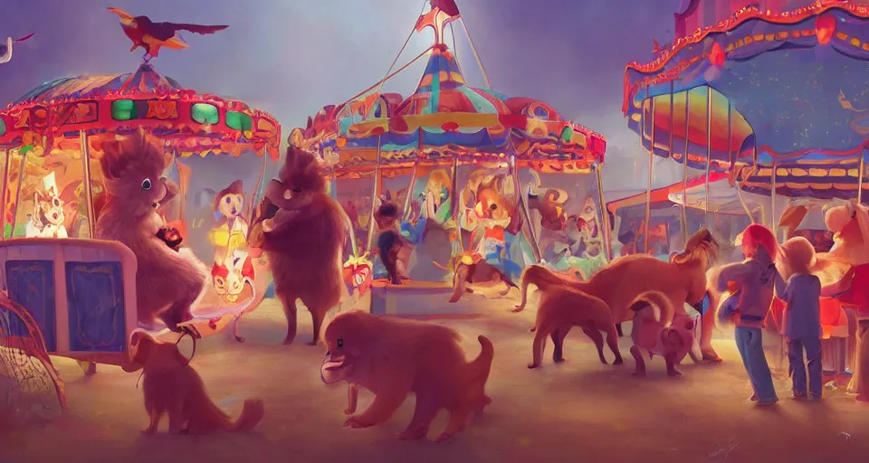 Image similar to animals in clothes at a carnival, beautiful, soft lighting, artstation, storybook, early evening