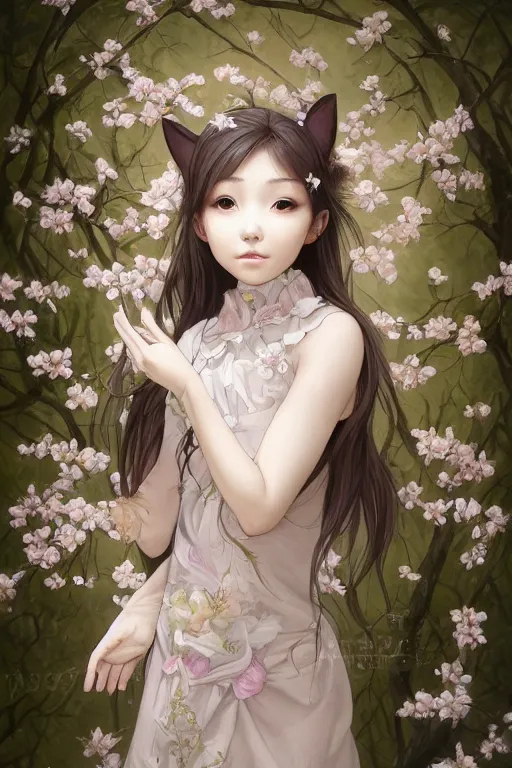 Image similar to Anthro Portrait of japanese white tailed deer girl, D&D, dark fantasy, anthro portrait, sakura blooming on background, intricate, elegant, deer portrait, highly detailed, digital painting, artstation, concept art, smooth, sharp focus, maybe some llama, illustration, art by artgerm and greg rutkowski and alphonse mucha, daily deviation, masterpiece