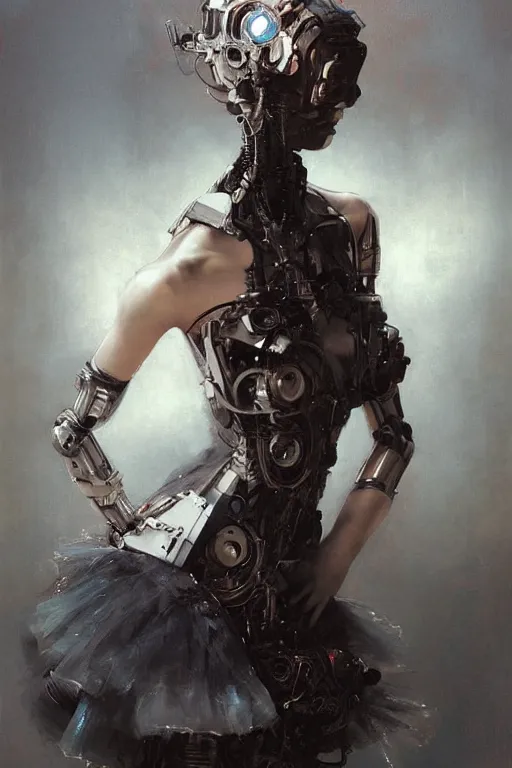 Image similar to sitting beautiful painting of a crowned robotic cyberpunk ballerina in a gothic dark flowing tutu intricate, elegant, highly detailed, digital painting, artstation, concept art, by krenz cushart and artem demura and william adolph bouguereau