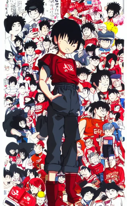Image similar to manga, matte, toriyama akira, portrait girl character, modern clothing, sneakers, pop culture, red shirt, arcade cabinet for games